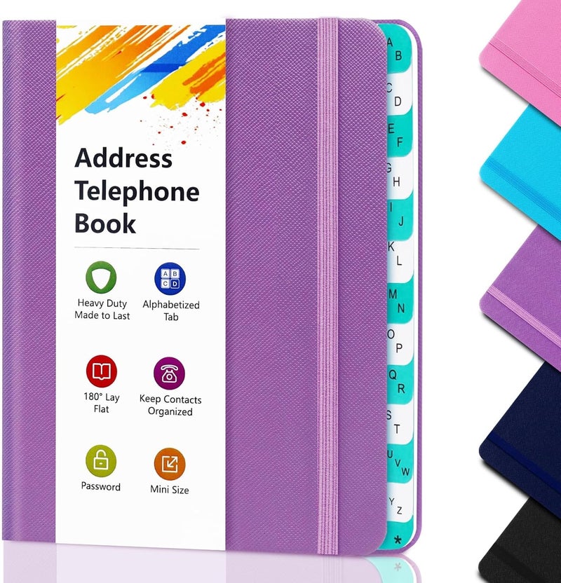 BLESWIN Address Book with Alphabetical Tabs, Hardcover Address Book for Record Contacts, Small Address Book to Store All Your Important Informations in One Place, 6.1x4.7" – Purple - Image 1